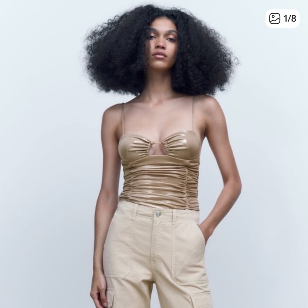 Zara Metallic Ruched Spaghetti-Strap Bodysuit in Gold